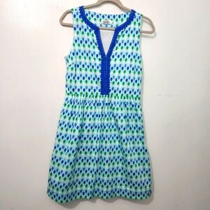 Vineyard Vines Size 6 Green Blue Dot V Neck Shift Dress Lace Detail Cotton Lined